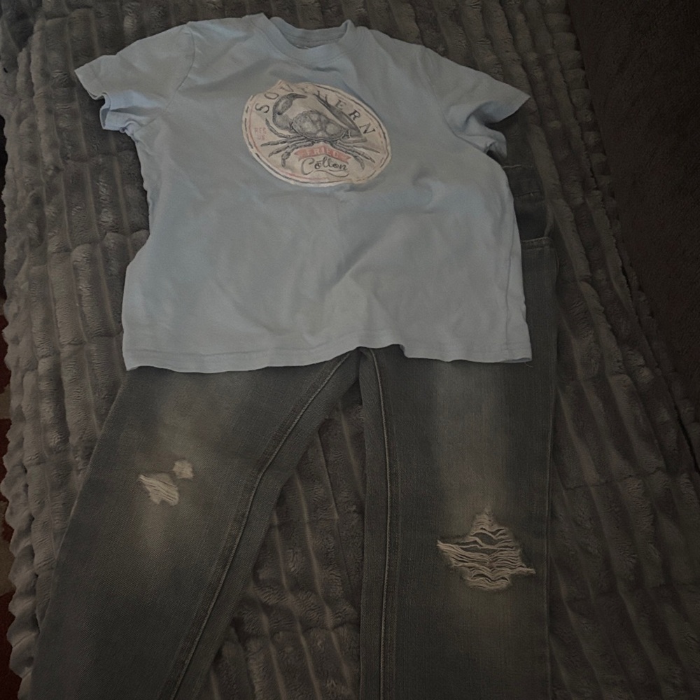 Light Blue Top w/crab and Distressed Tommy Hilfiger jeans -   Kids Matching Set